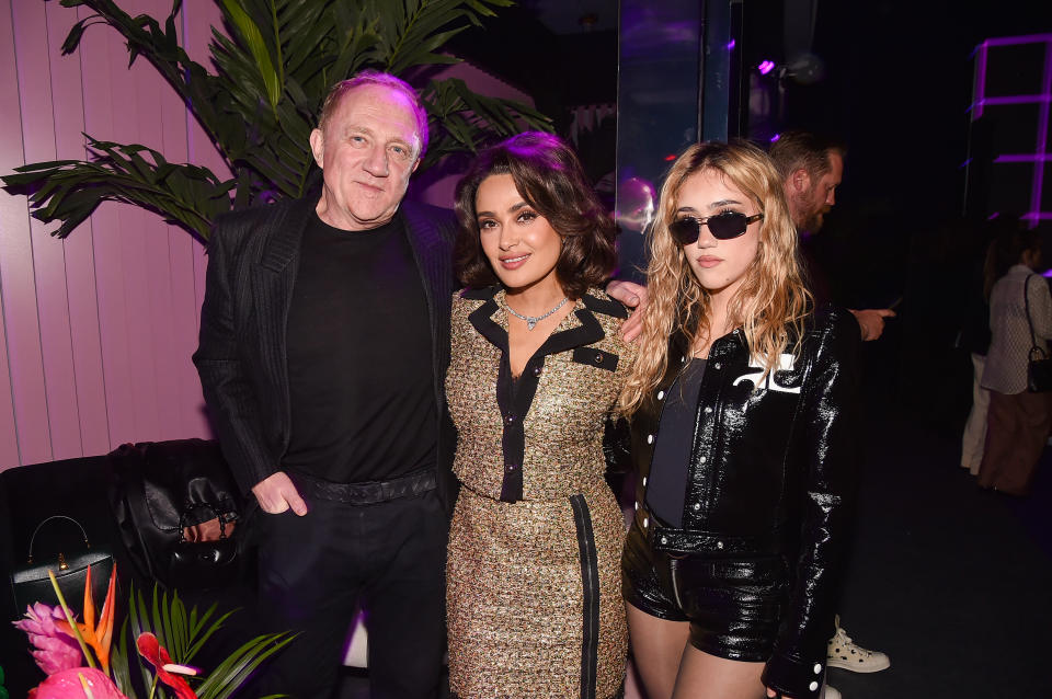 NEW YORK, NEW YORK - APRIL 29: (L-R) François-Henri Pinault, Salma Hayek-Pinault and Valentina Paloma Pinault attend as Gucci & Amy Sacco celebrate Bungalow Gucci in honor of the new Meatpacking Boutique on April 29, 2023 in New York City. (Photo by Patrick McMullan/Patrick McMullan via Getty Images)