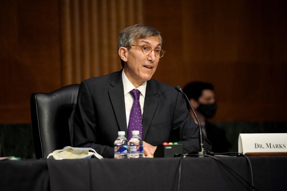 Dr. Peter Marks, Director of the Center for Biologics Evaluation and Research within the Food and Drug Administration, gives an opening statement during a Senate Health, Education, Labor and Pensions Committee hearing to discuss the ongoing federal response to COVID-19 on May 11, 2021 in Washington, DC.