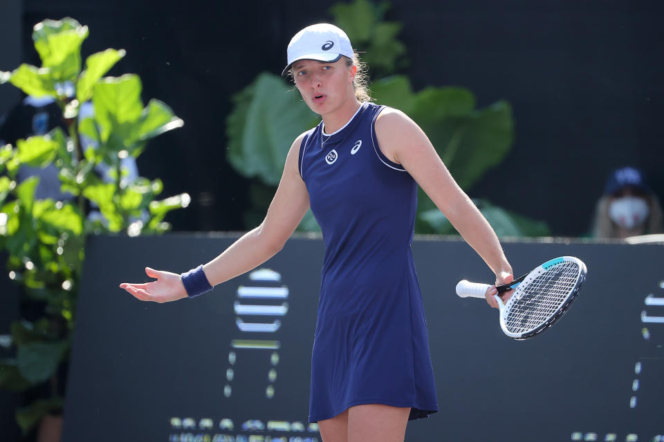 Iga Swiatek (pictured) looking frustrated in the second set of her singles match against Maria Sakkari.