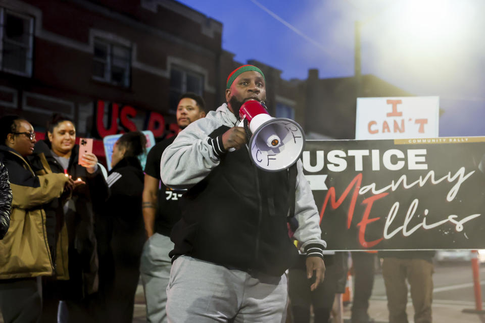 Protesters speak at a rally after the verdict was read during the trial of three Tacoma Police officers in the killing of Manny Ellis, at Pierce County Superior Court, Thursday, Dec. 21, 2023, in Tacoma, Wash. (AP Photo/Maddy Grassy)