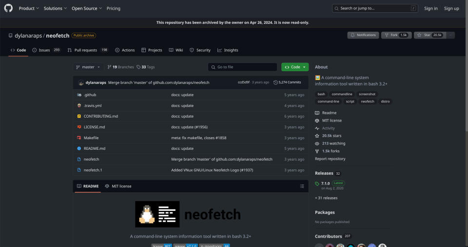 The GitHub repo for Neofetch has been archived
