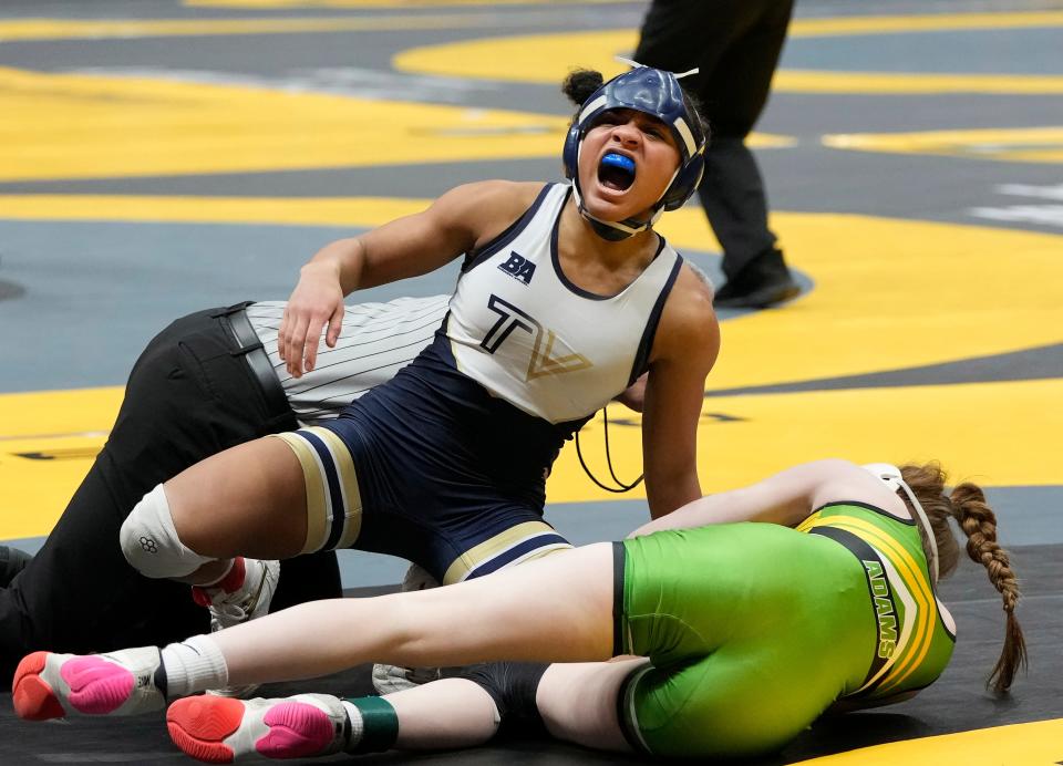 Teays Valley's Ava Miller reacts to defeating West Union's Scotlyn Adams at 105 pounds on Friday in the first match of the OHSAA girls state tournament.