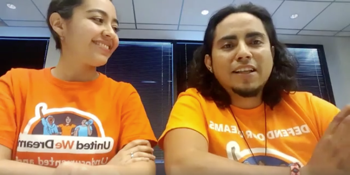 Oscar Hernandez, right, with United We Dream colleague Karla Perez, in a video informing undocumented immigrants about their rights if they're stopped by law enforcement.