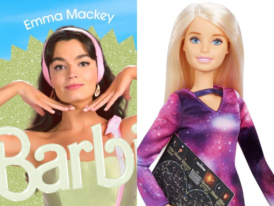 Left: Emma Mackey as physicist Barbie in "Barbie." Right: Mattel's Astrophysicist Barbie doll.