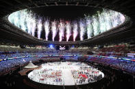 <p>TOKYO, JAPAN - JULY 23: A general view of the Olympic Stadium as athletes parade during the opening ceremony of the Tokyo 2020 Olympic Games in Tokyo, Japan on July 23, 2021. (Photo by Elif Ozturk Ãzgoncu/Anadolu Agency via Getty Images)</p> 