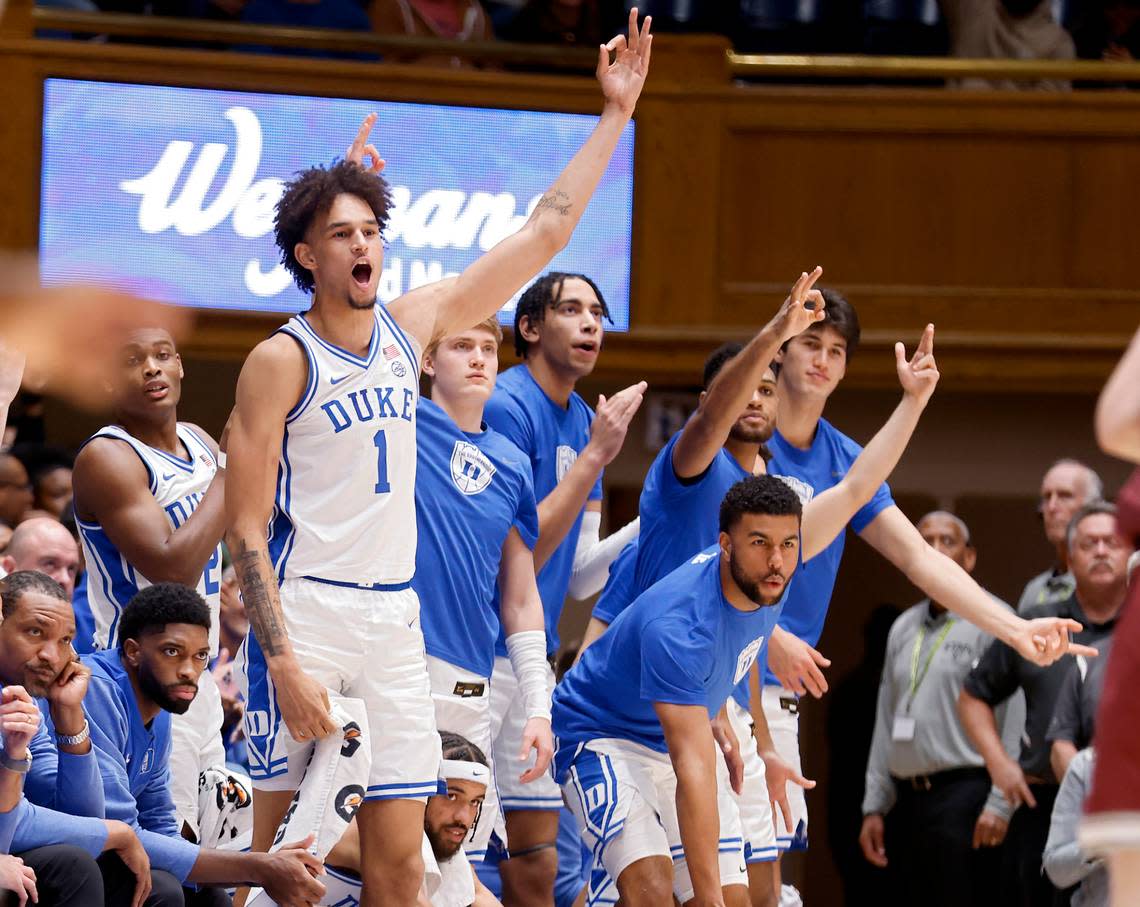 The Duke bench reacts during the first half of the Blue Devils’ game against Bellarmine at Cameron Indoor Stadium on Monday, Nov. 21, 2022, in Durham, N.C.