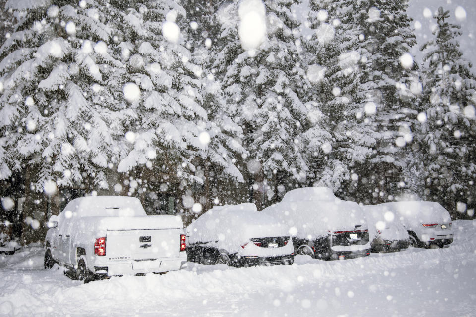 In this photo provided by the Mammoth Mountain Ski Area, cars are covered in snow during heavy snowfall in Mammoth Lakes, Calif., on Thursday, Feb. 1, 2024. (Samantha Lindberg/Mammoth Mountain Ski Area via AP)