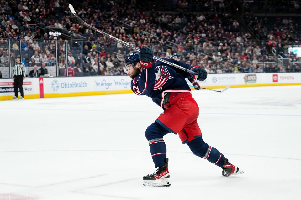 Oct 24, 2023; Columbus, Ohio, USA; Columbus Blue Jackets right wing Emil Bemstrom (52) scores a goal during the first period of the NHL game against the Anaheim Ducks at Nationwide Arena.