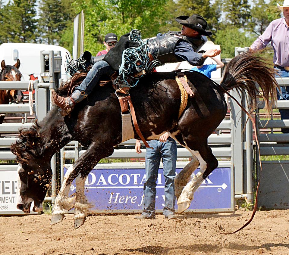 Devon Moore of Clear Lake won the average title in the senior boys bareback riding competition at the South Dakota 4-H Finals Rodeo that ended Sunday at Fort Pierre.