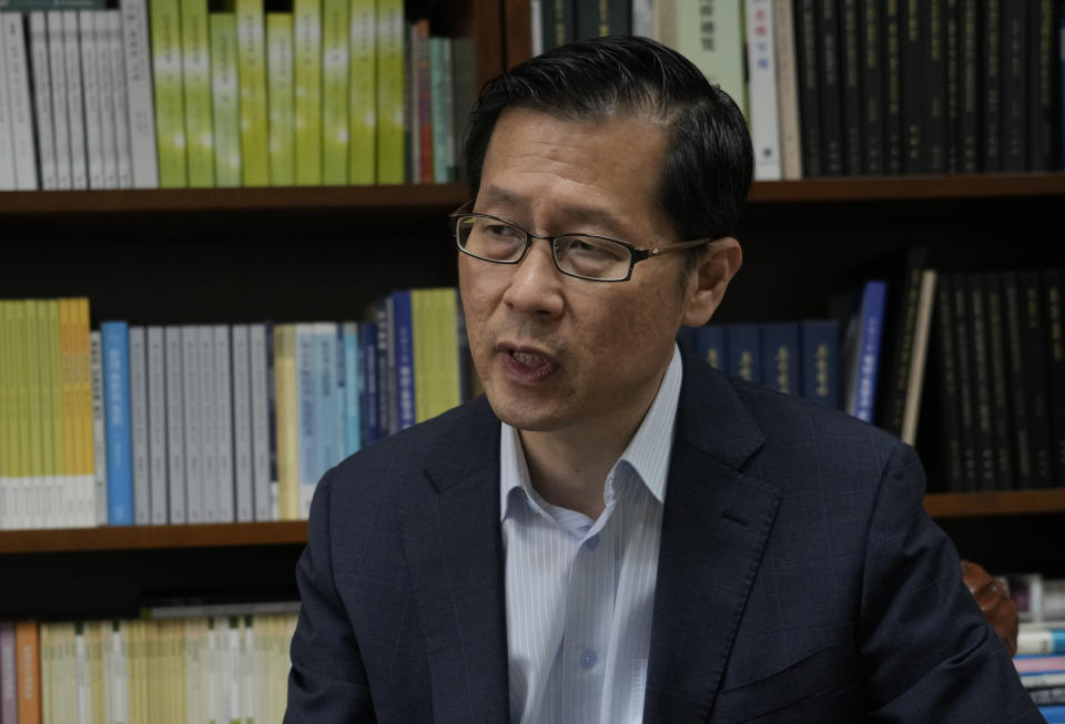 Cheong Seong-Chang, an analyst at the private Sejong Institute, speaks during an interview with The Associated Press in Seongnam, South Korea, on Aug. 30, 2023. (AP Photo/Ahn Young-joon)