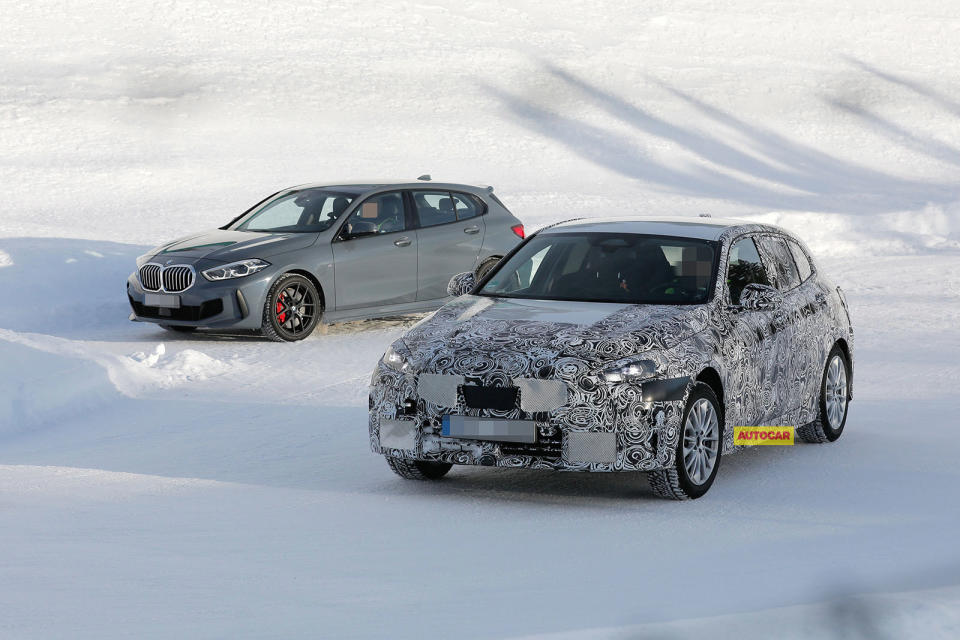 <p>We believe this camouflaged BMW 1 Series is the new F70 version, being benchmarked alongside an uncamouflaged current 1 Series. Expect the new car in 2024, with a range of conventional and hybrid engine options.</p>