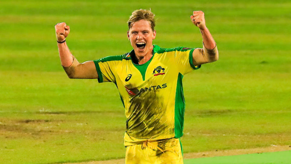 Nathan Ellis took a hat-trick in his T20 debut for Australia in July. (Photo by Md Manik/SOPA Images/LightRocket via Getty Images)