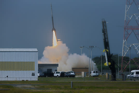 A NASA Black Brant V sounding rocket launches from the agency's Wallops Flight Facility on Wallops Island, Va., at 10:31:25 a.m. ET on July 4, 2013. The rocket was the first of two to launch in support of the Daytime Dynamo experiment. The Ter