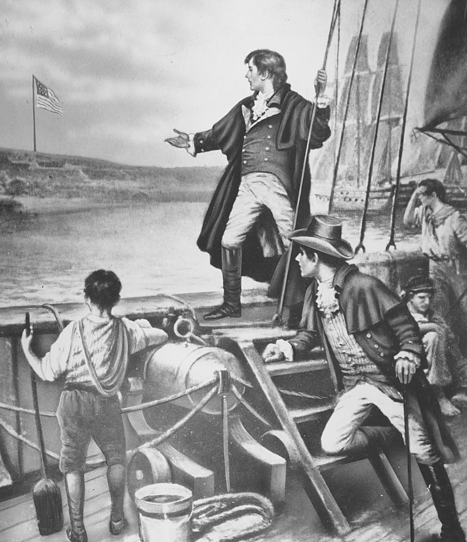 This painting depicts Francis Scott Key seeing the American flag flying over Fort McHenry in Baltimore Harbor the day after he witnessed the British bombardment of the fort in the War of 1812.  This sighting inspired the poet to write &quot;The Star-Spangled Banner,&quot; which became the official United States national anthem in 1931.  (AP Photo)