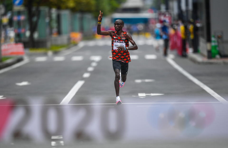 Hokkaido , Japan - 8 August 2021; Eliud Kipchoge of Kenya approaches the finish line to win the men's marathon at Hokkaido University on day 16 during the 2020 Tokyo Summer Olympic Games in Sapporo, Japan. (Photo By Ramsey Cardy/Sportsfile via Getty Images)