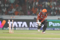 Sunrisers Hyderabad's Travis Head reacts as he is bowled out by Rajasthan Royals' Avesh Khan during the Indian Premier League cricket match between Sunrisers Hyderabad and Rajasthan Royals in Hyderabad, India, Thursday, May 2, 2024. (AP Photo/Mahesh Kumar A.)