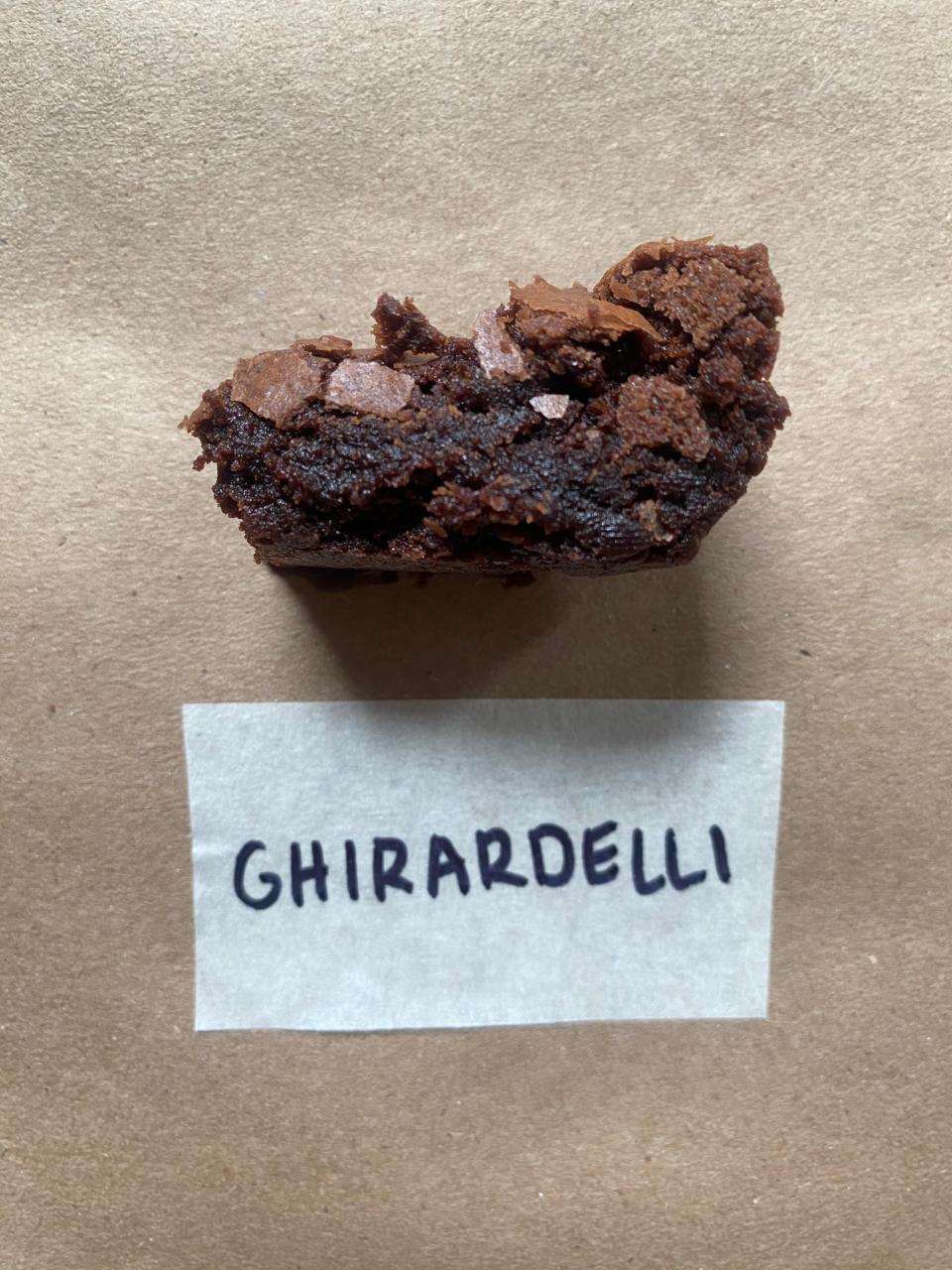 a Ghirardelli brownie that's been cut, exposing the inside texture