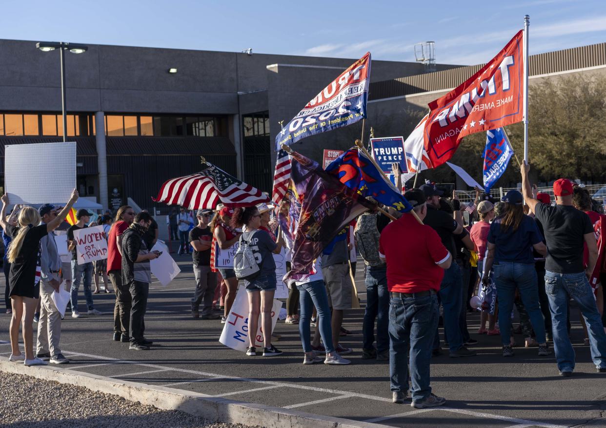 President Trump supporters protest at Maricopa County Elections Department as officials continued counting Arizonans' votes on Nov. 5, 2020.