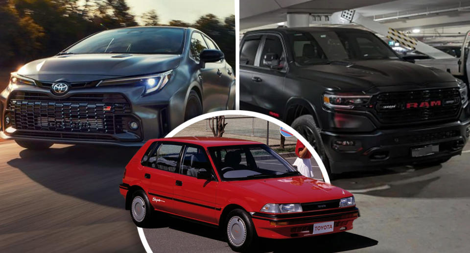 A new Corolla and an RAM ute with an inset of a 1990 Corolla
