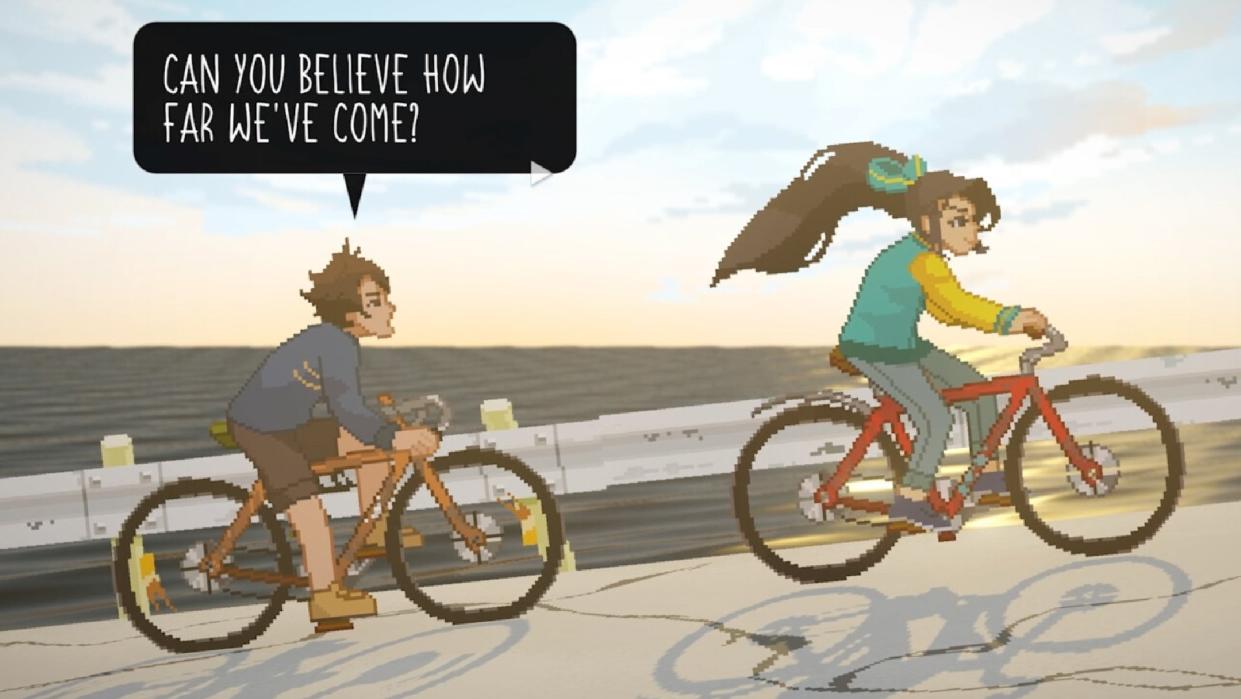  Two characters ride bikes on a hill while one muses about how far they've come. 