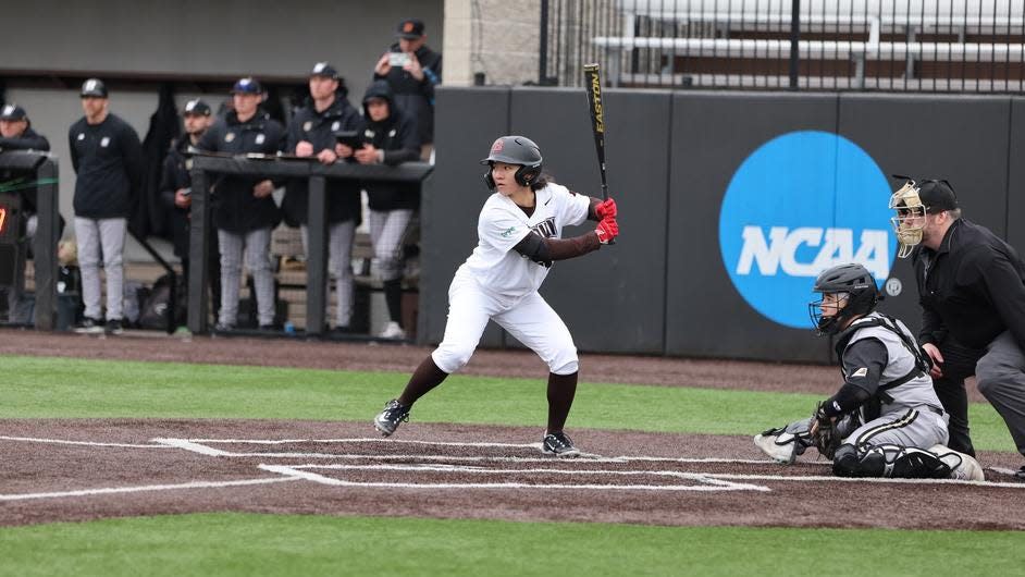 Olivia Pichardo in action for Brown University on Friday. She's the first woman to appear in Division I college baseball game