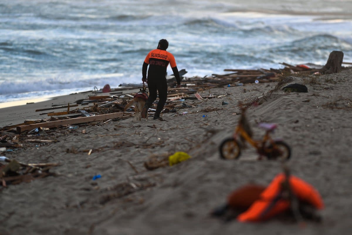 A police officer and his dog patrol the beach in Steccato di Cutro, south of Crotone, where debris of a shipwreck washed ashore after a migrants’ boat sank (AFP via Getty Images)
