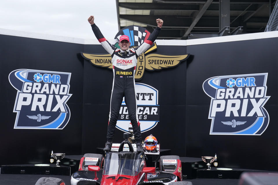 Rinus VeeKay, of the Netherlands, celebrates after winning the IndyCar auto race at Indianapolis Motor Speedway, Saturday, May 15, 2021, in Indianapolis. (AP Photo/Darron Cummings)a