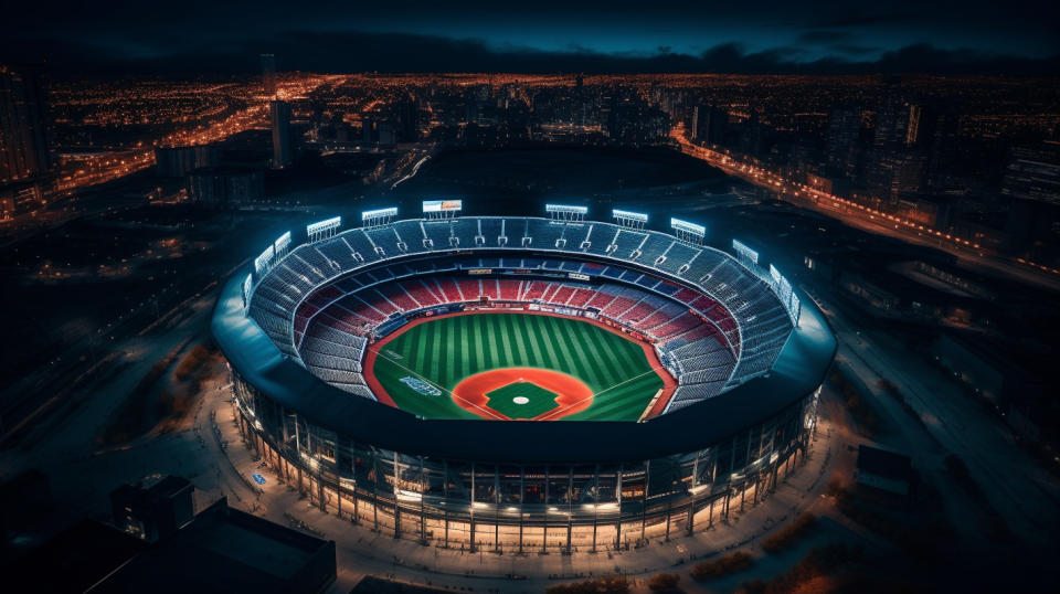 A dramatic aerial view of the Major League Baseball stadium at night, illuminated in the team's official colors.