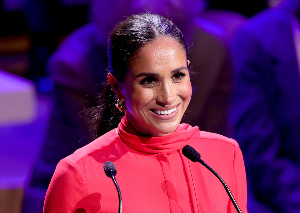 MANCHESTER, ENGLAND - SEPTEMBER 05: Meghan, Duchess of Sussex makes the keynote speech during the Opening Ceremony of the One Young World Summit 2022 at The Bridgewater Hall on September 05, 2022 in Manchester, England. The annual One Young World Summit brings together more than two thousand of the brightest young leaders from every country and sector, working to accelerate social impact both in-person and digitally. Meghan is a counsellor for the organisation, alongside Justin Trudeau, Sir Richard Branson, and Jamie Oliver, among others. (Photo by Chris Jackson/Getty Images)