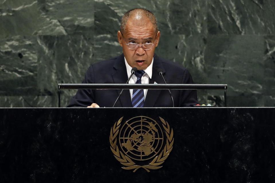 Tuvalu's Deputy Prime Minister Minute Taupo addresses the 74th session of the United Nations General Assembly, Saturday, Sept. 28, 2019. (AP Photo/Richard Drew)