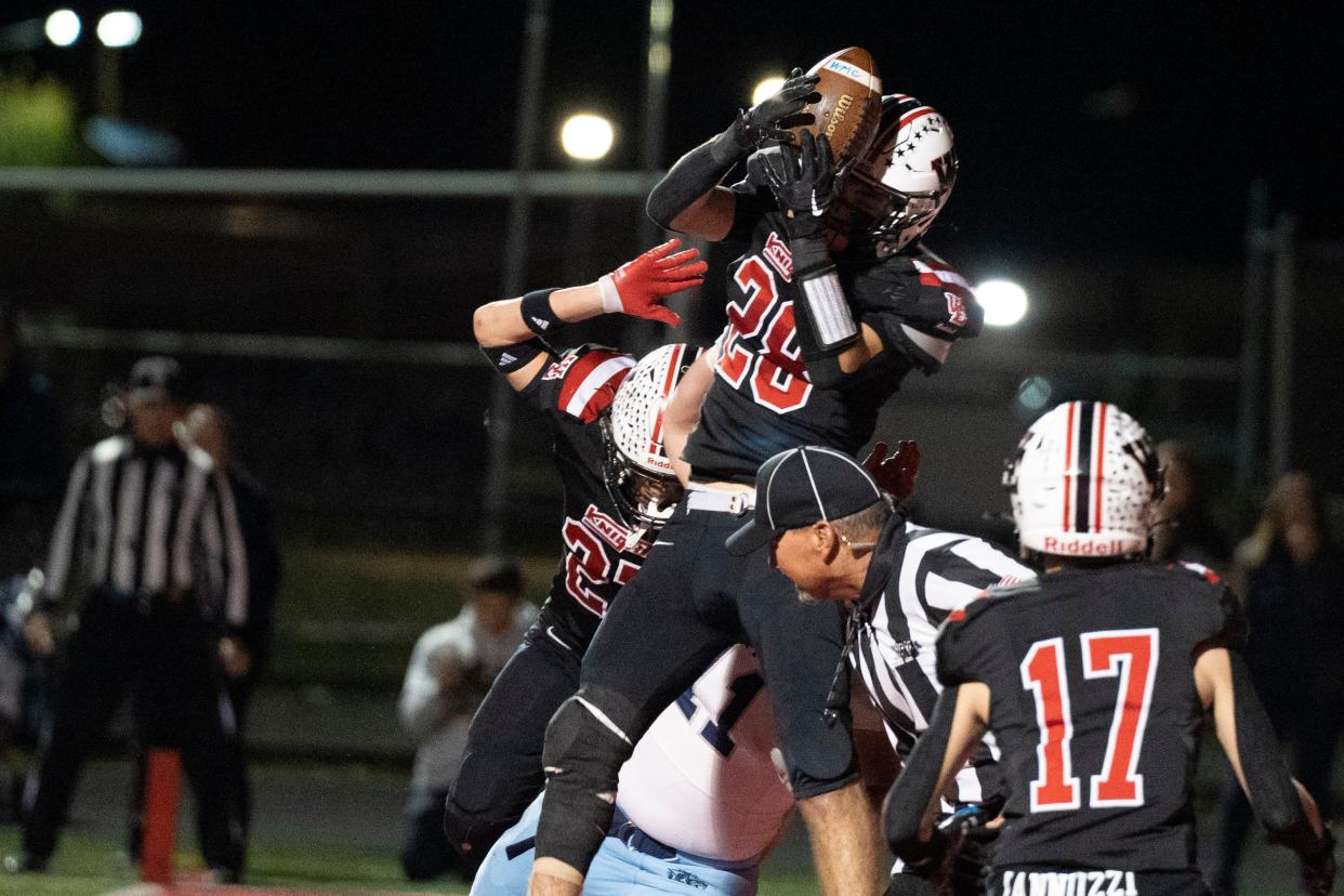 Nov 17, 2023; North Caldwell, NJ, USA; West Morris at West Essex in the North 1, Group 3, regional football final. WE #28 Max Garcia makes an interception in the end zone in the fourth quarter.