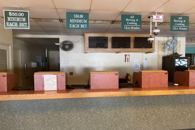 Closed betting stations lie empty at Belmont Park ahead of the 152nd running of the Belmont Stakes