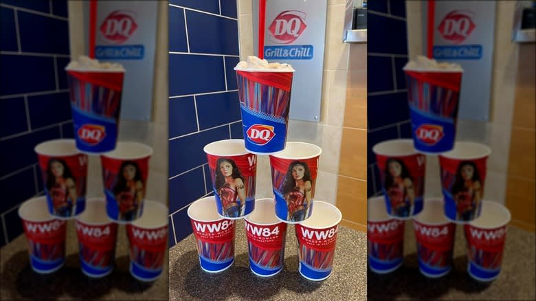 stack of WW84 cups and Wonder Woman Cookie Collision Blizzard