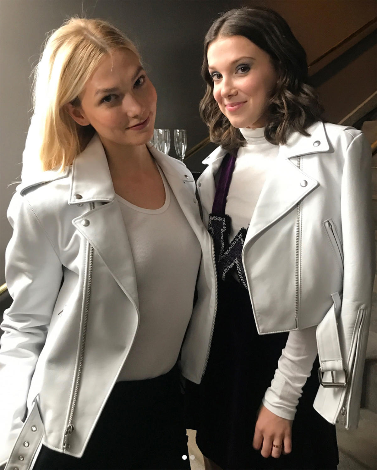 Karlie Kloss and Her 'Girl Crush' Millie Bobby Brown Matched in White  Leather Jackets at NYFW