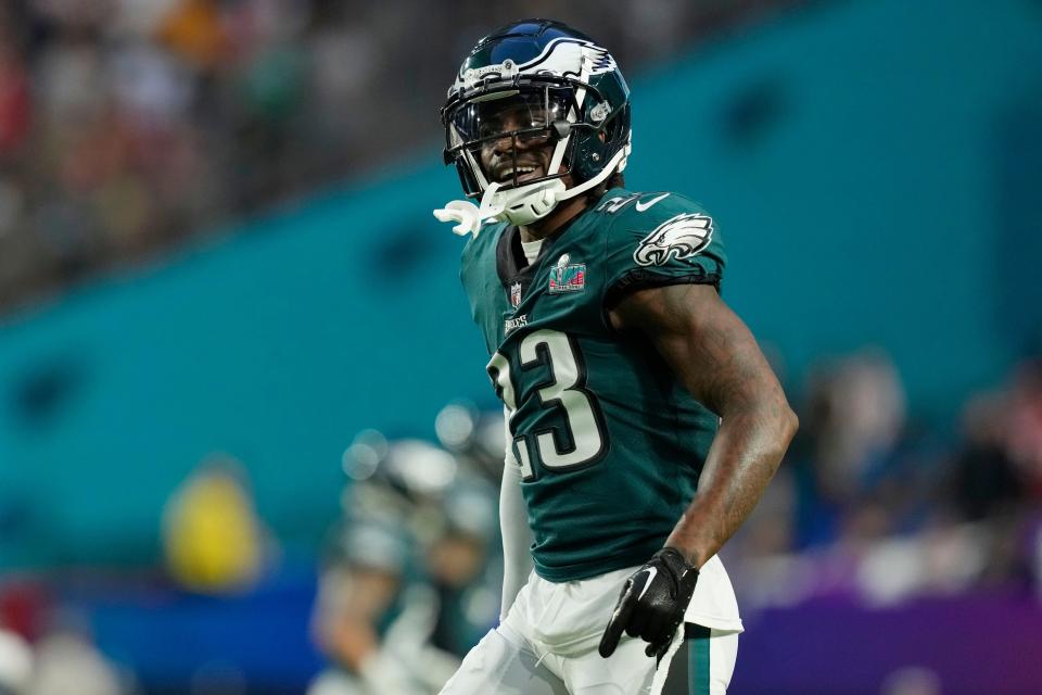 Philadelphia Eagles safety C.J. Gardner-Johnson (23) reacts during the NFL Super Bowl 57 football game against the Kansas City Chiefs, Sunday, Feb. 12, 2023, in Glendale, Ariz. The Kansas City Chiefs defeated the Philadelphia Eagles 38-35. (AP Photo/Steve Luciano)
