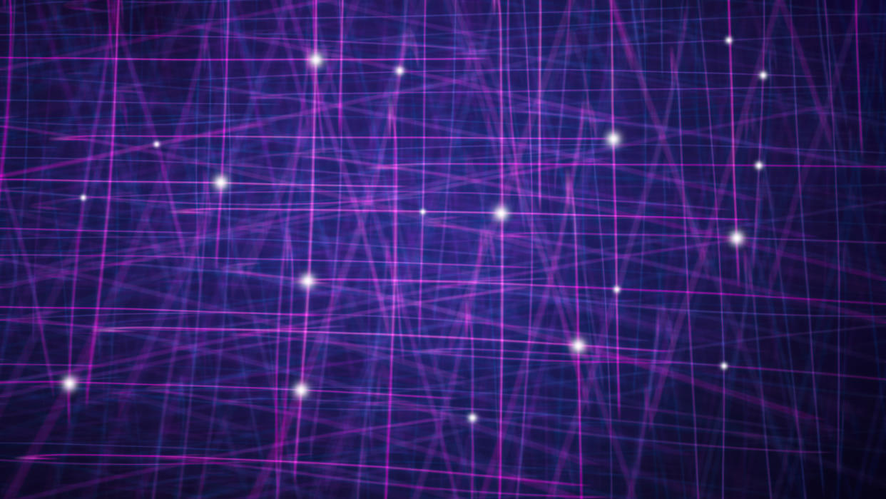  Grid Pattern of Purple and Blue Lines with White Starbursts. 