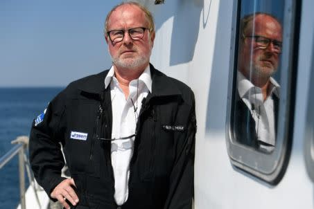 Michel L\'Hour, directeur du Département des recherches archéologiques subaquatiques et sous-marines (Drassm) lors d\'une campagne de fouilles sous-marines, le 29 juin 2018 au large de Brest pour retrouver deux bateaux la Cordelière et le Régent