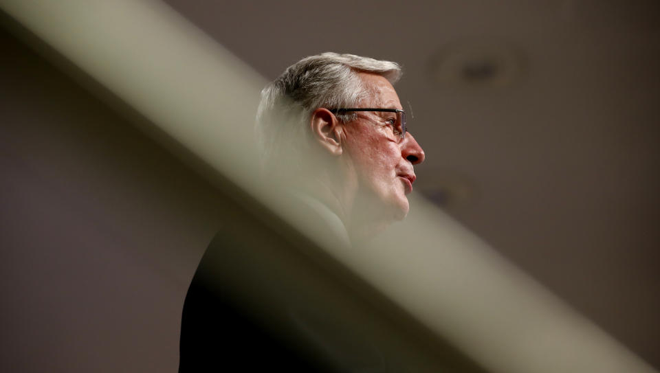 European Commission's Head of Task Force for Relations with the United Kingdom Michel Barnier addresses a media conference on Brexit negotiations at EU headquarters in Brussels, Thursday, Dec. 24, 2020. (AP Photo/Francisco Seco, Pool)