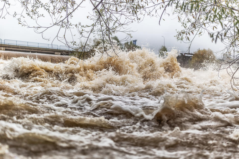 Stormy river and flood after very heavy rains and heavy storms.