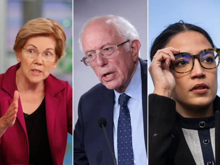 Elizabeth Warren, Bernie Sanders, and Alexandria Ocasio-Cortez.