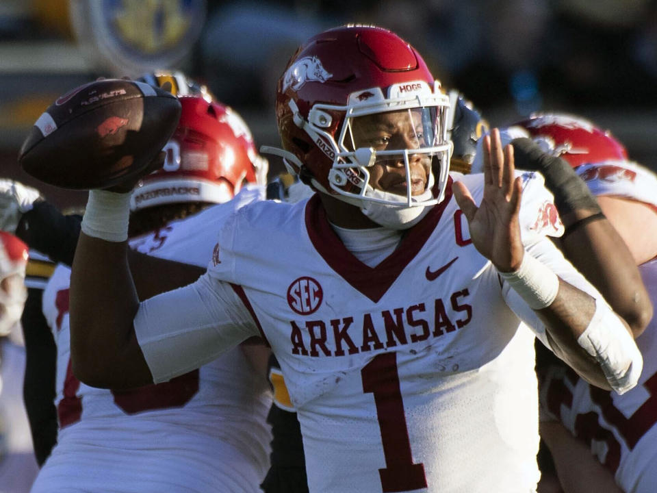 FILE - Arkansas quarterback KJ Jefferson looks to throw a pass during the second quarter of an NCAA college football game against Missouri, Nov. 25, 2022, in Columbia, Mo. The proud Southeastern Conference program goes into the Liberty Bowl on Wednesday, Dec. 28, 2022, hoping Jefferson and running back Raheim “Rocket” Sanders can provide enough offense to make up for a roster thinned by opt-outs and transfer portal departures. (AP Photo/L.G. Patterson, File)