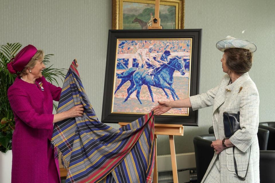 The Princess Royal receiving a gift to the Queen from Epsom Downs Racecourse presented by Julia Budd (Megan Ridgwell on behalf of The Jockey Club/PA) (PA Media)