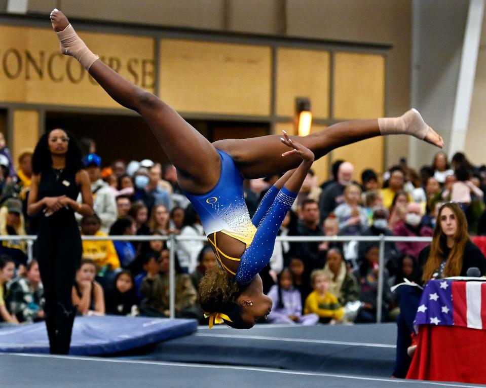 Fisk University gymnast Jardynn Cromartie performs her routine in the floor exercise during the Tennessee Collegiate Classic meet Friday, Jan. 20, 2023, in Lebanon, Tenn. Fisk is the first historically Black university to have an intercollegiate women’s gymnastics team.