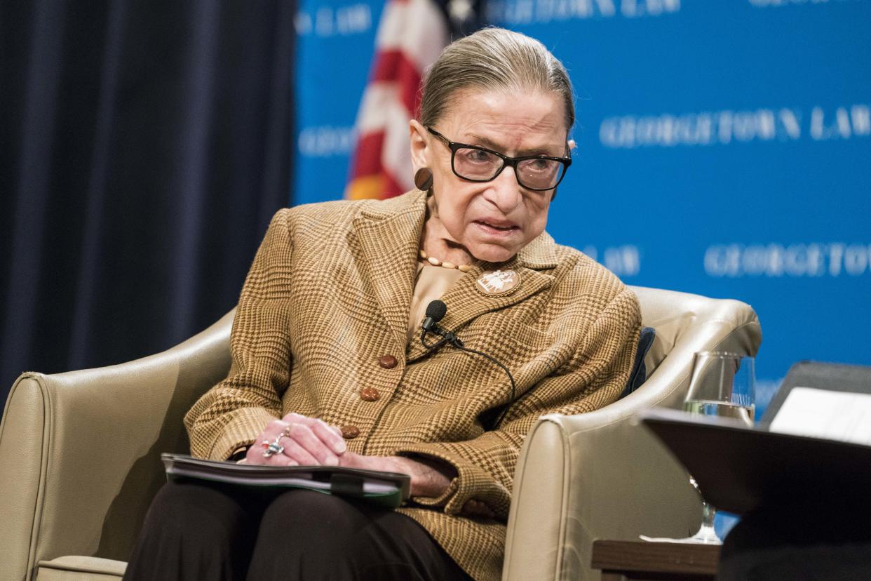 U.S. Supreme Court Justice Ruth Bader Ginsburg participates in a discussion at the Georgetown University Law Center in 2020.
