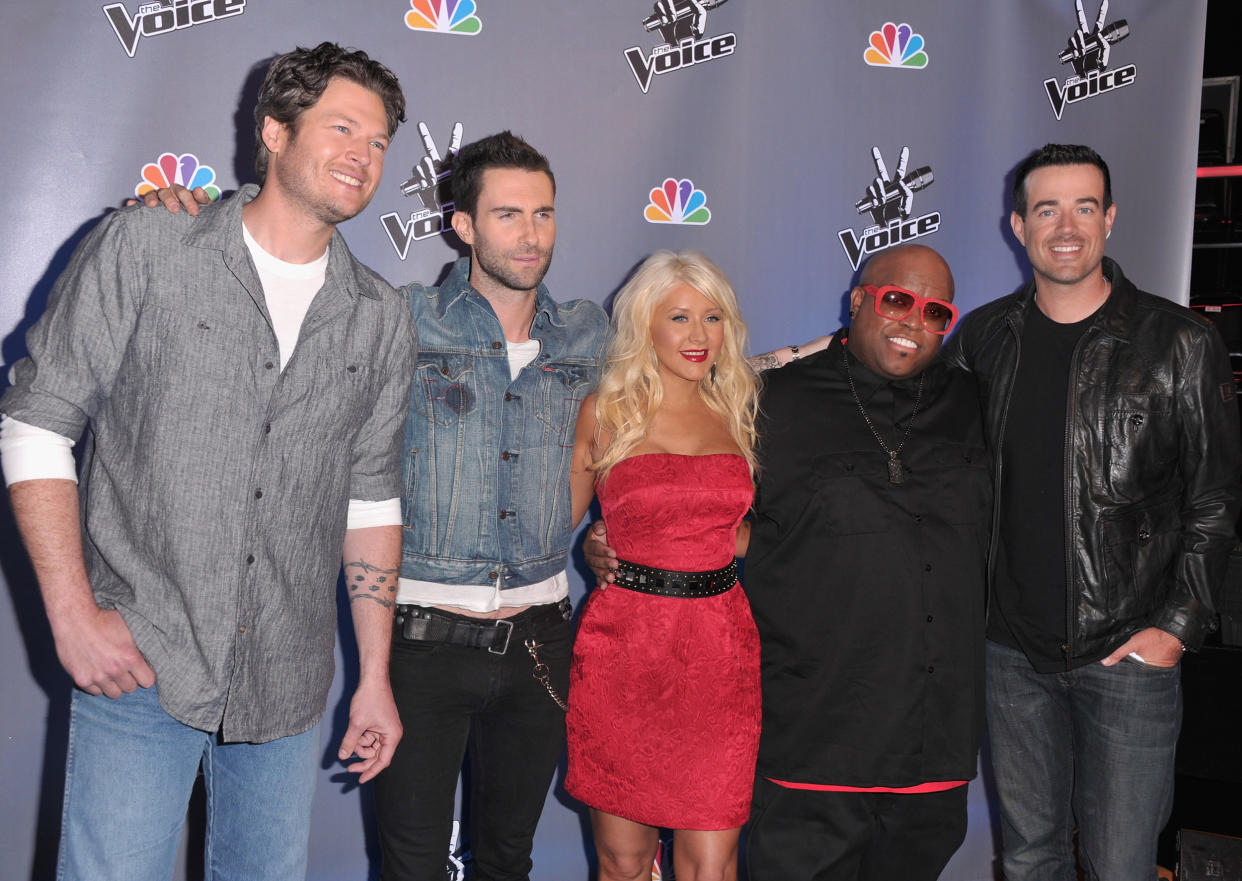 Blake Shelton, Adam Levine, singer Christina Aguilera, Cee Lo Green,  Carson Daly (Alberto E. Rodriguez / Getty Images)