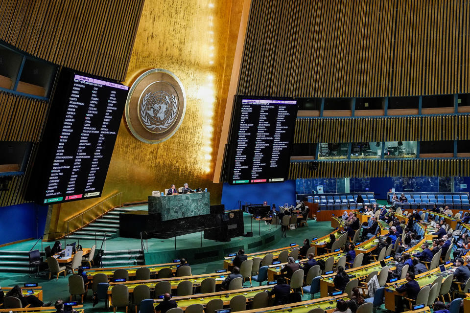 The results of the vote on a resolution recognizing Russia must be responsible for reparation in Ukraine are seen on screen at the United Nations Headquarters in New York, U.S., November 14, 2022. REUTERS/Eduardo Munoz