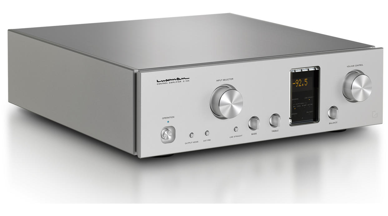  Luxman C-10X preamp slight side-on white background . 