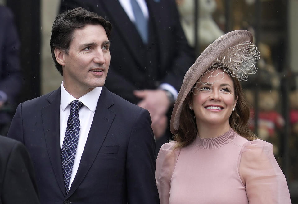 <p>Canadian Prime Minister Justin Trudeau and Sophie Trudeau arrive at Westminster Abbey prior to the coronation ceremony of Britain's King Charles III in London Saturday, May 6, 2023. (AP Photo/Kin Cheung)</p> 