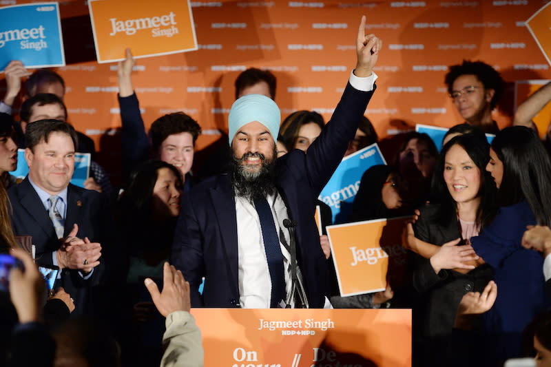 Jagmeet Singh celebrates his Burnaby South byelection win on Monday in British Columbia. The federal NDP leader will now get a chance to represent his party in Parliament for the first time. Photo from The Canadian Press.