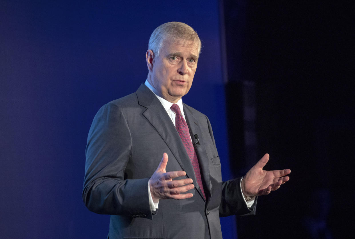 LONDON, ENGLAND - JUNE 12: Prince Andrew, Duke of York speaks as he hosts a Pitch@Palace event at Buckingham Palace on June 12, 2019 in London, England. (Photo by Steve Parsons – WPA Pool/Getty Images)